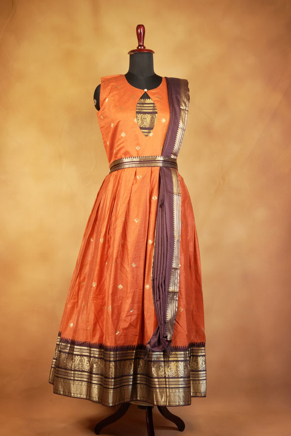 Orange & Brown Girls Frock | Saree Style Zari Pallu | Festive & Party Wear
