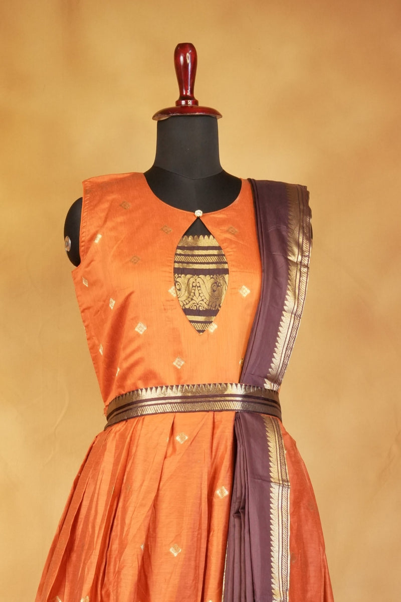 Orange & Brown Girls Frock | Saree Style Zari Pallu | Festive & Party Wear