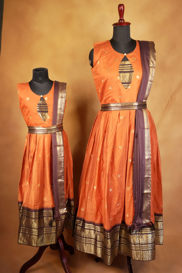 Orange & Brown Girls Frock | Saree Style Zari Pallu | Festive & Party Wear
