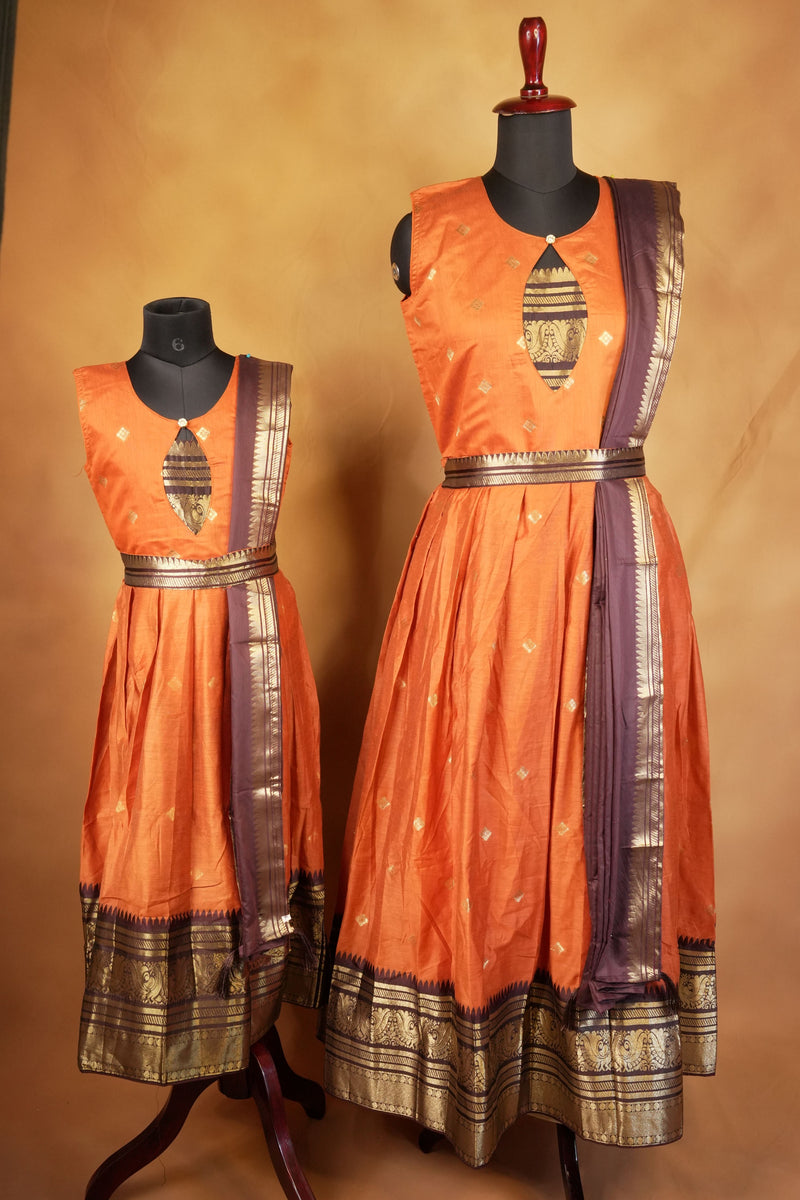 Orange & Brown Girls Frock | Saree Style Zari Pallu | Festive & Party Wear