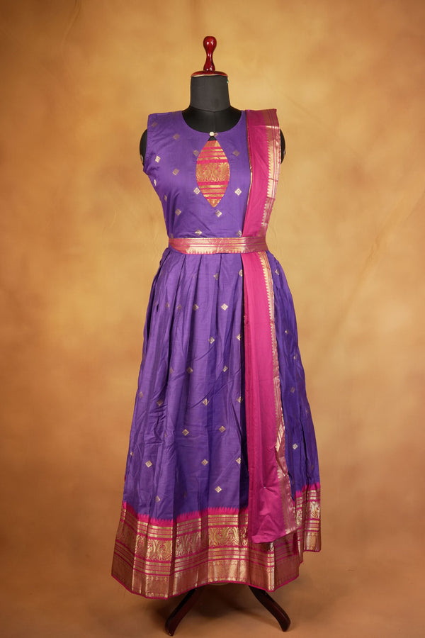 Purple & Pink Girls Frock | Saree Style Zari Pallu | Festive & Party Wear