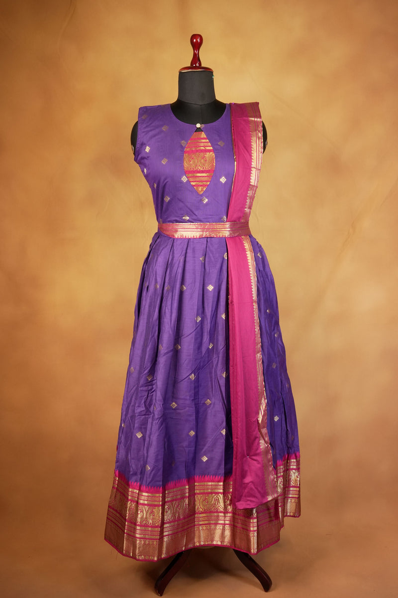 Purple & Pink Girls Frock | Saree Style Zari Pallu | Festive & Party Wear
