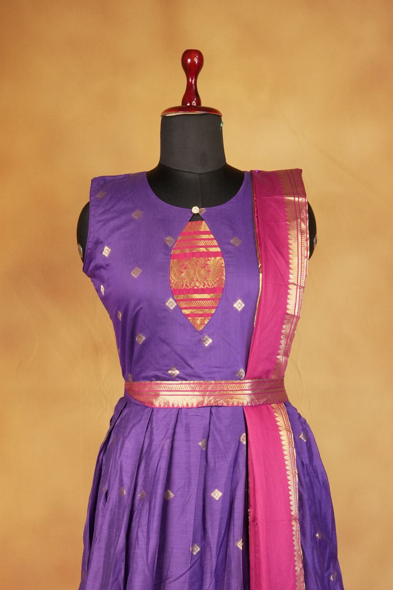 Purple & Pink Girls Frock | Saree Style Zari Pallu | Festive & Party Wear