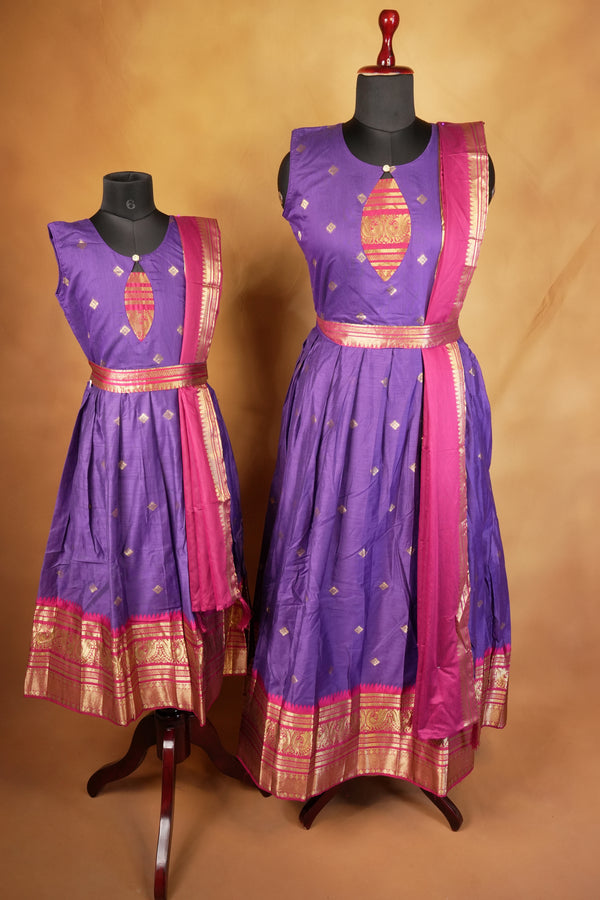 Purple & Pink Girls Frock | Saree Style Zari Pallu | Festive & Party Wear