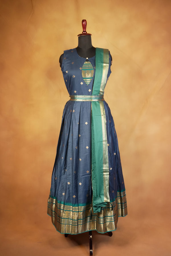 Navy Blue Girls Frock | Saree Style Zari Border Pallu | Festive & Party Wear
