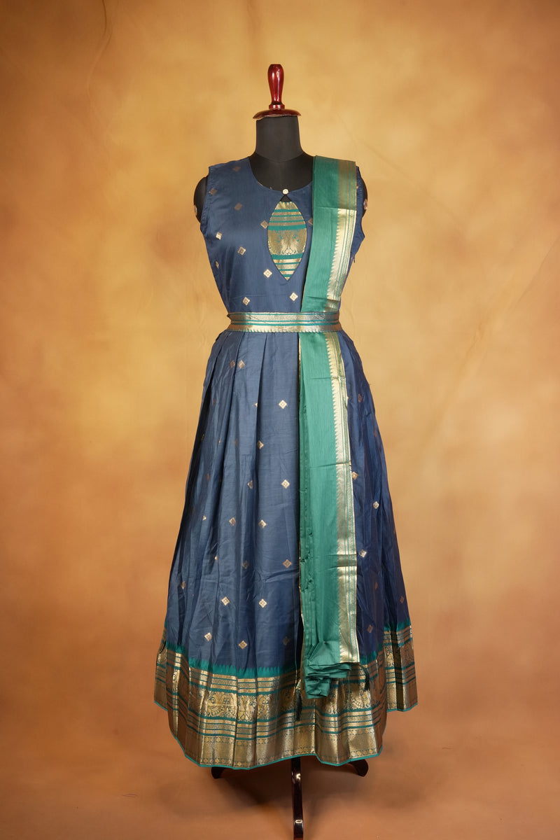 Navy Blue Girls Frock | Saree Style Zari Border Pallu | Festive & Party Wear
