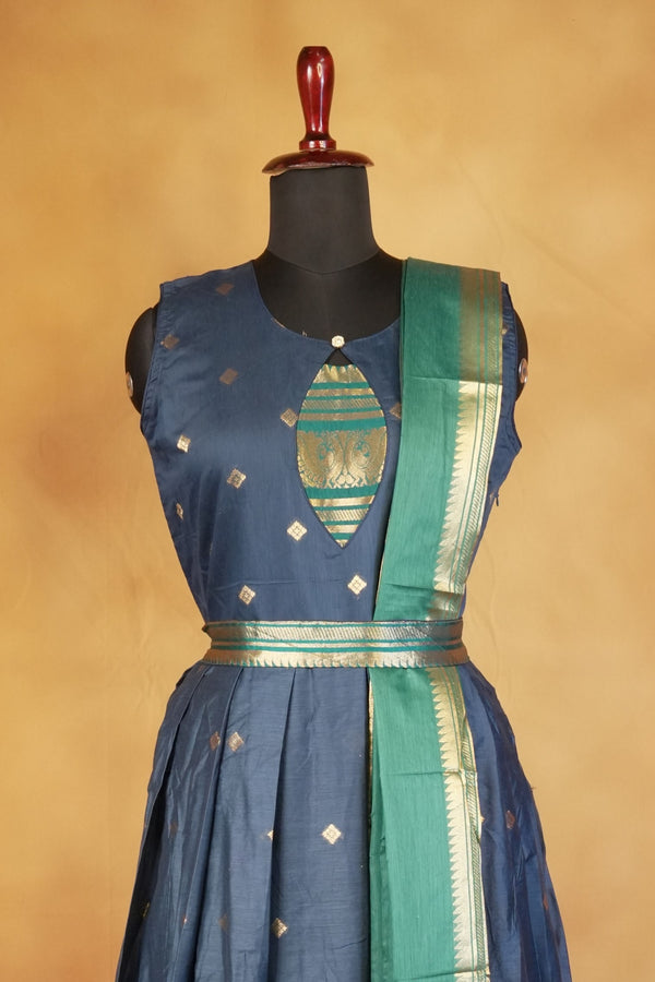 Navy Blue Girls Frock | Saree Style Zari Border Pallu | Festive & Party Wear