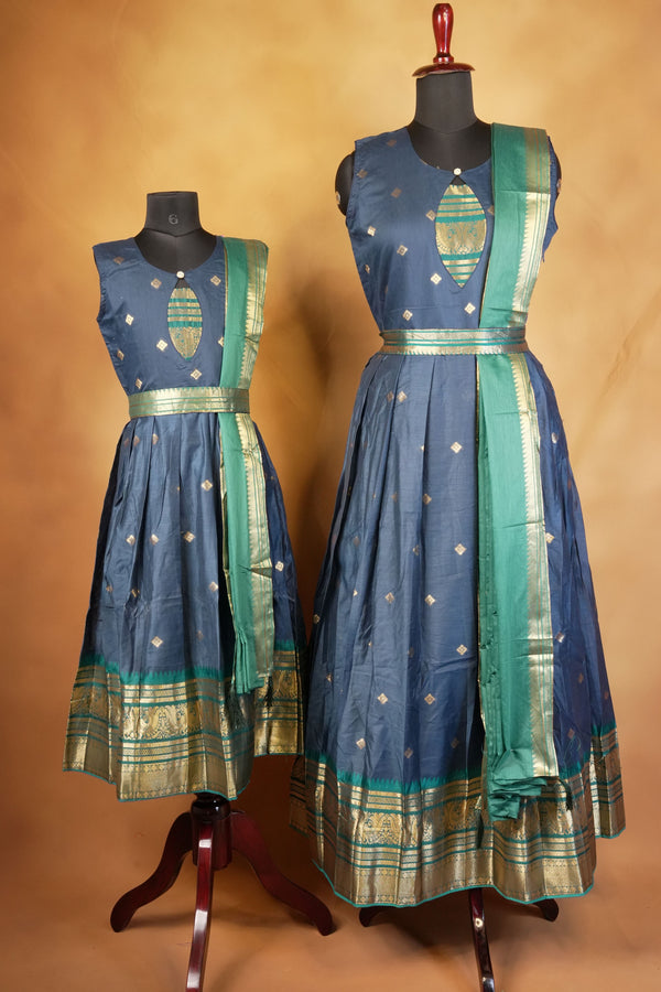 Navy Blue Girls Frock | Saree Style Zari Border Pallu | Festive & Party Wear