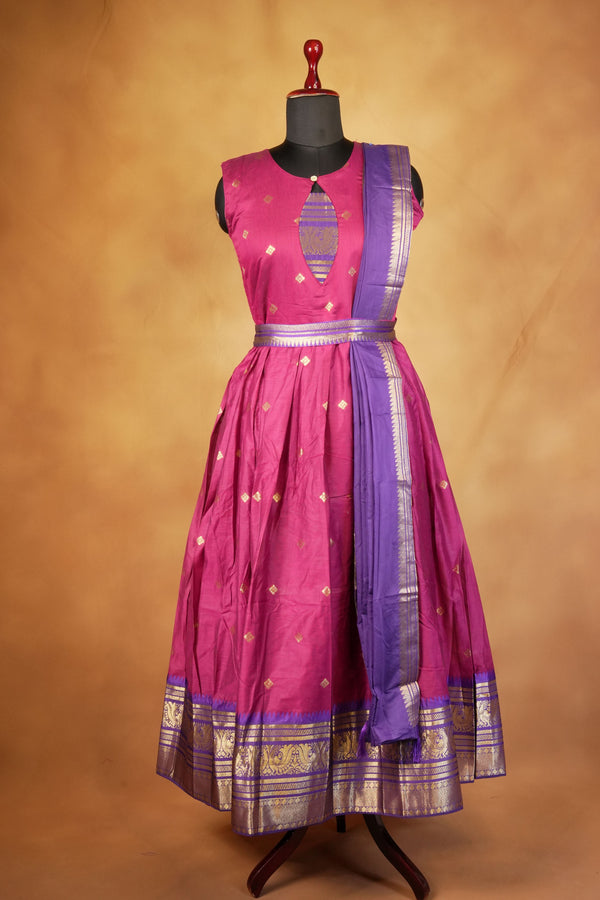Pink & Purple Girls Frock | Saree Style Zari Pallu | Festive & Party Wear