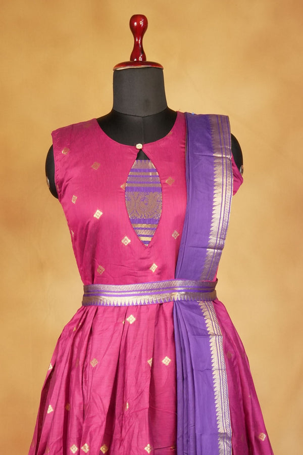 Pink & Purple Girls Frock | Saree Style Zari Pallu | Festive & Party Wear