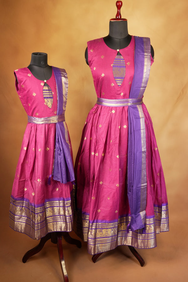 Pink & Purple Girls Frock | Saree Style Zari Pallu | Festive & Party Wear