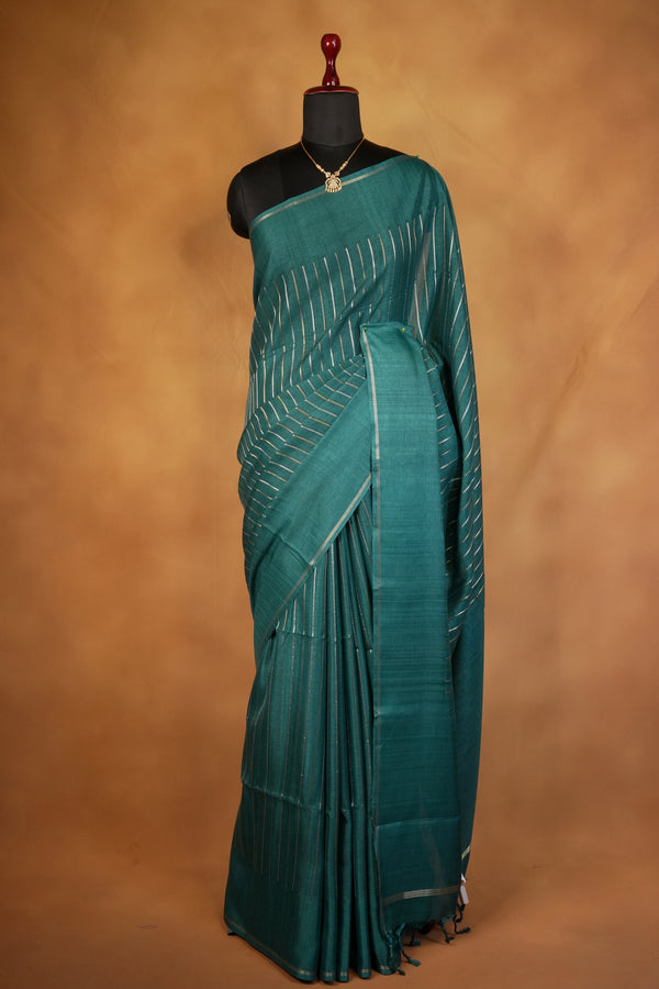 Deep Teal Green Semi Tussar Silk Saree | Diagonal Zari Stripes with Elegant Tassel Pallu | Festive Wear