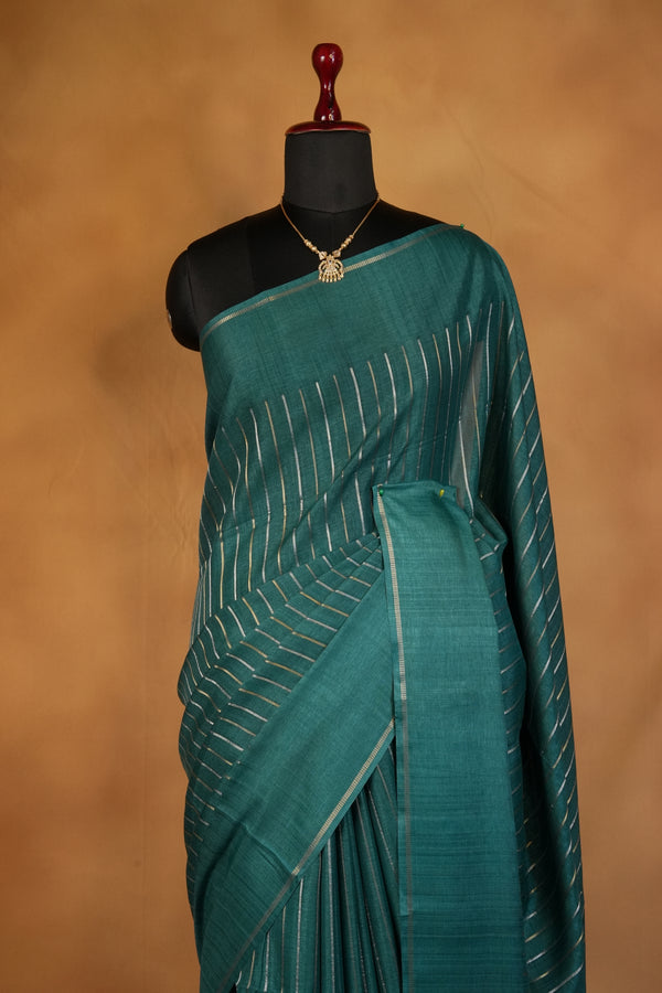 Deep Teal Green Semi Tussar Silk Saree | Diagonal Zari Stripes with Elegant Tassel Pallu | Festive Wear