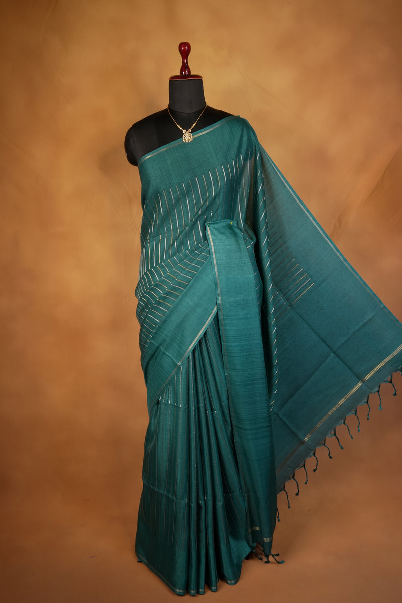 Deep Teal Green Semi Tussar Silk Saree | Diagonal Zari Stripes with Elegant Tassel Pallu | Festive Wear