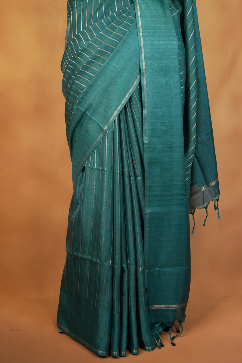 Deep Teal Green Semi Tussar Silk Saree | Diagonal Zari Stripes with Elegant Tassel Pallu | Festive Wear
