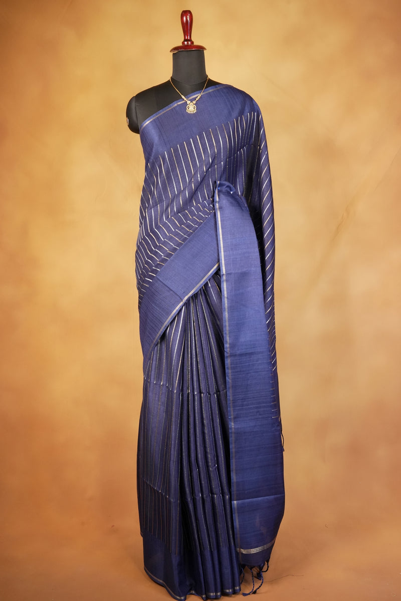 Navy Blue Semi Tussar Silk Saree | Gold Zari Stripe Design Tassel Pallu | Traditional Wear