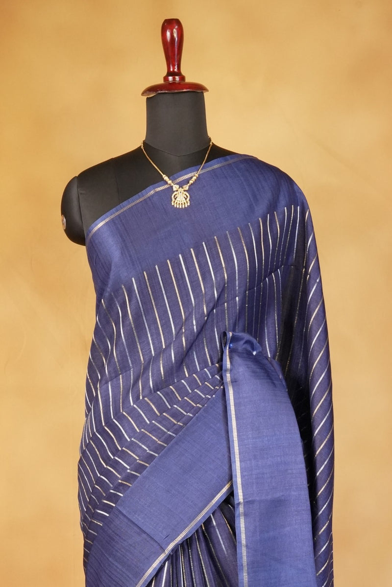 Navy Blue Semi Tussar Silk Saree | Gold Zari Stripe Design Tassel Pallu | Traditional Wear