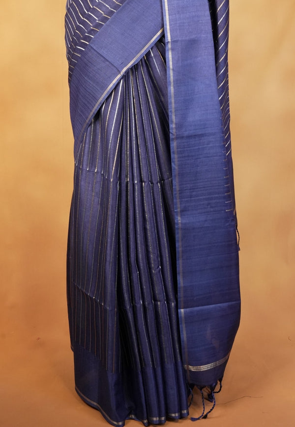 Navy Blue Semi Tussar Silk Saree | Gold Zari Stripe Design Tassel Pallu | Traditional Wear