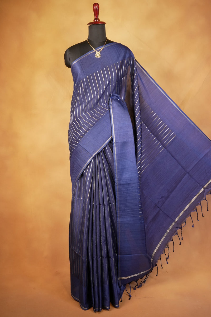 Navy Blue Semi Tussar Silk Saree | Gold Zari Stripe Design Tassel Pallu | Traditional Wear