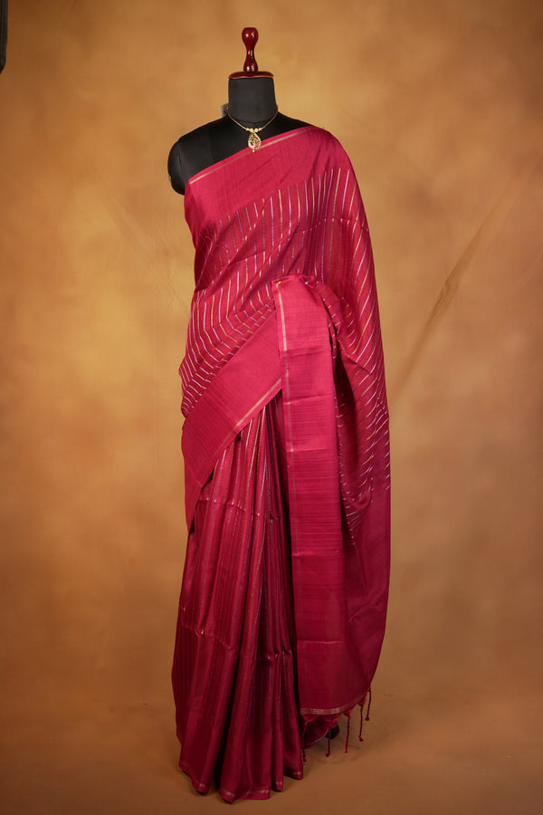 Deep Wine Semi Tussar Silk Saree | Diagonal Zari Stripes with Elegant Tassel Pallu | Festive Wear