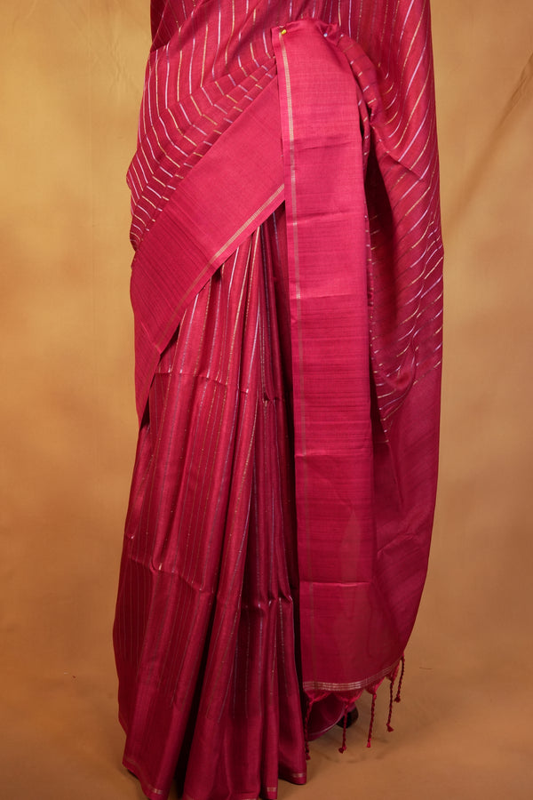Deep Wine Semi Tussar Silk Saree | Diagonal Zari Stripes with Elegant Tassel Pallu | Festive Wear