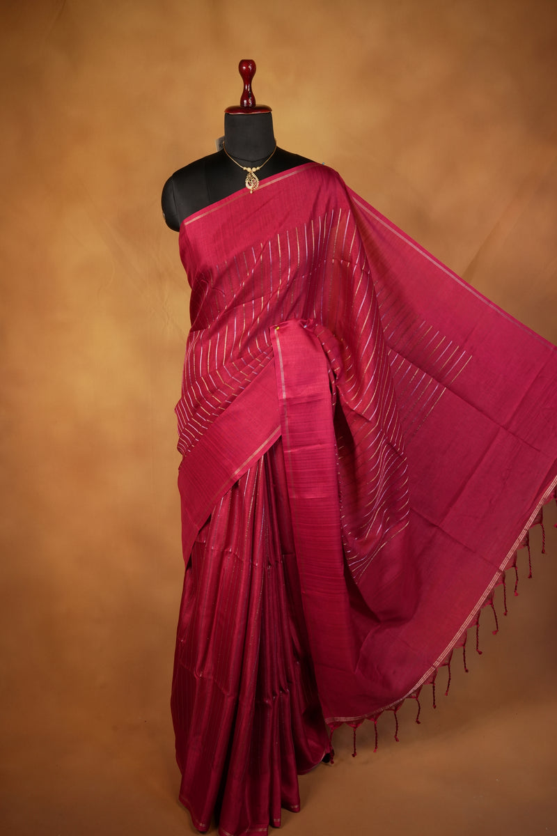 Deep Wine Semi Tussar Silk Saree | Diagonal Zari Stripes with Elegant Tassel Pallu | Festive Wear