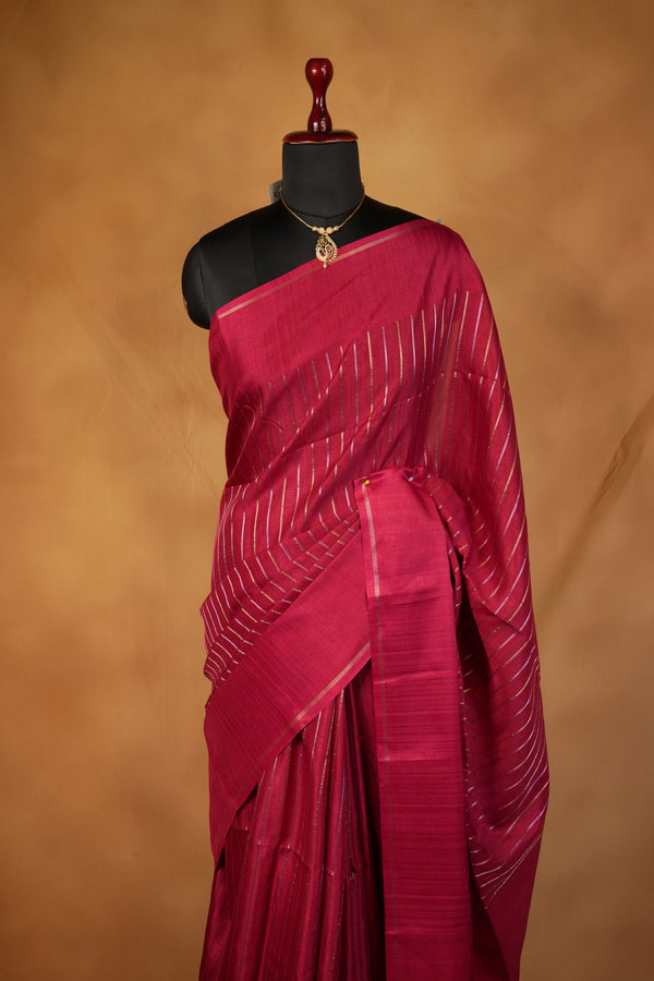 Deep Wine Semi Tussar Silk Saree | Diagonal Zari Stripes with Elegant Tassel Pallu | Festive Wear