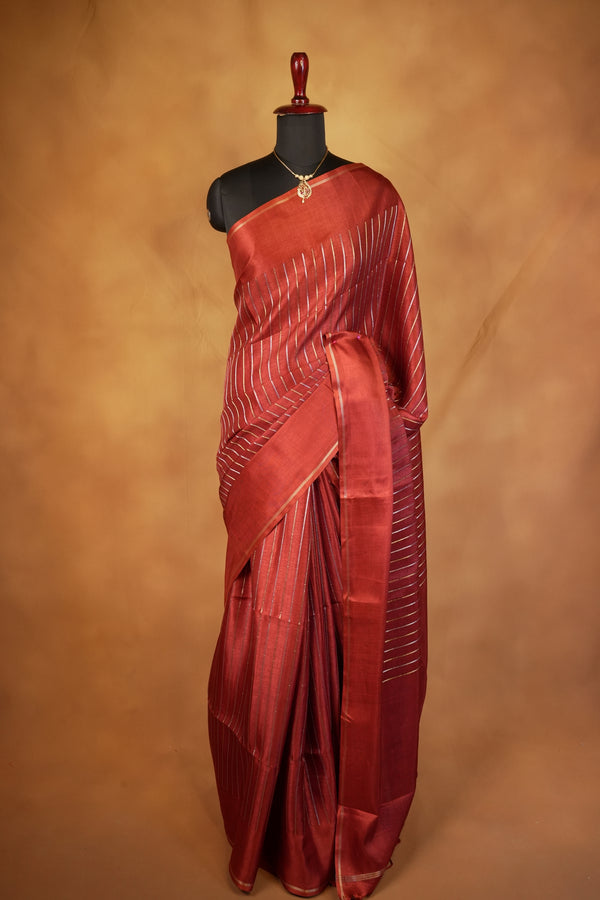 Burnt Orange Semi Tussar Silk Saree | Gold Zari Stripe Design Tassel Pallu | Traditional Wear