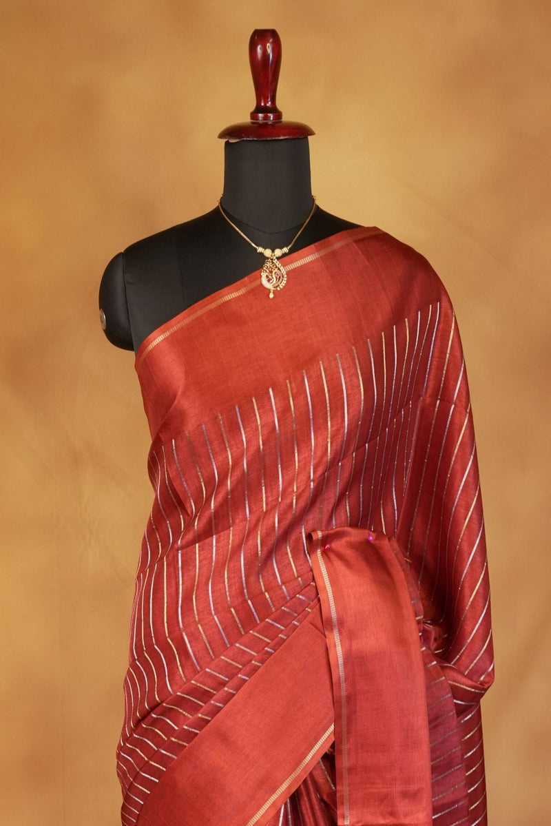 Burnt Orange Semi Tussar Silk Saree | Gold Zari Stripe Design Tassel Pallu | Traditional Wear