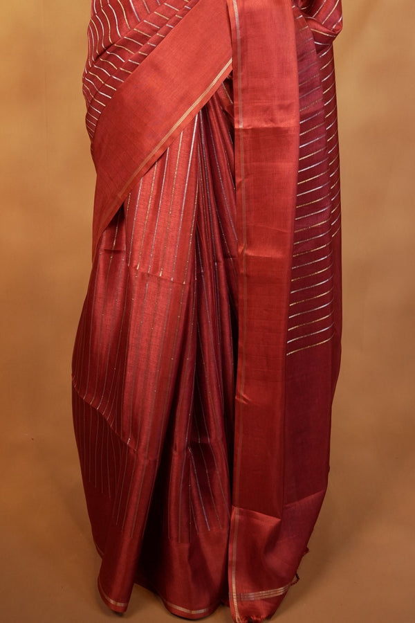 Burnt Orange Semi Tussar Silk Saree | Gold Zari Stripe Design Tassel Pallu | Traditional Wear
