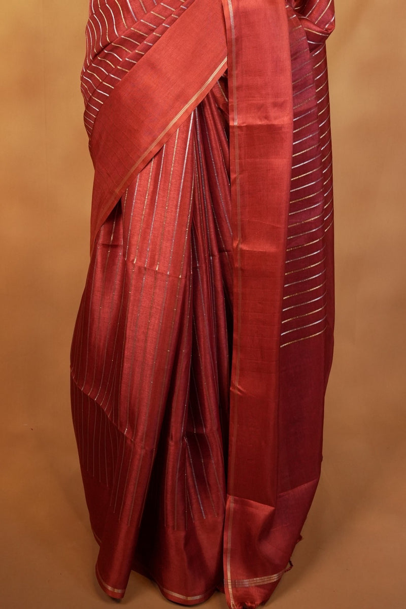 Burnt Orange Semi Tussar Silk Saree | Gold Zari Stripe Design Tassel Pallu | Traditional Wear