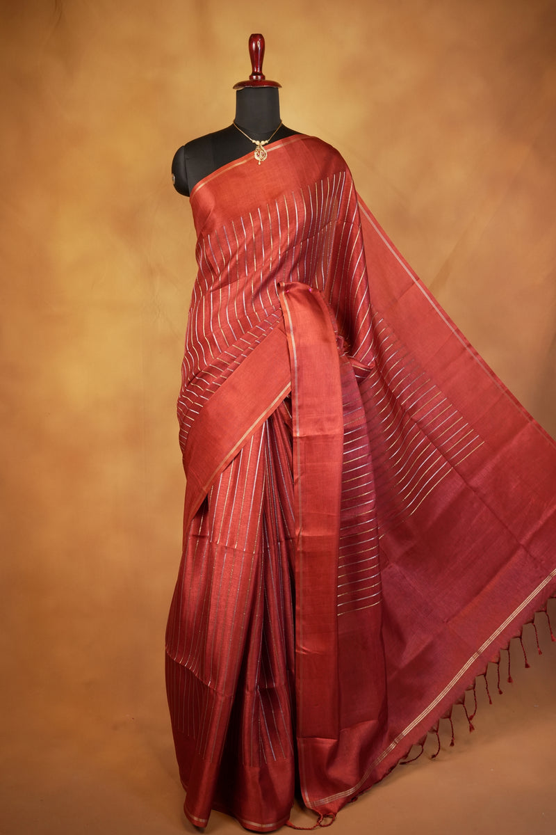 Burnt Orange Semi Tussar Silk Saree | Gold Zari Stripe Design Tassel Pallu | Traditional Wear