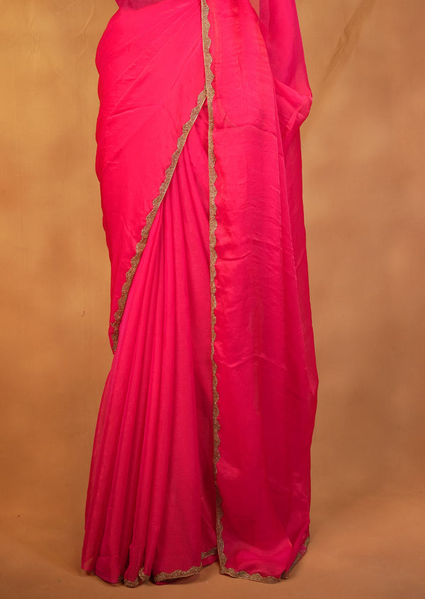 Space Silk Saree | Crimson Red Solid with Scalloped Gold Trim | Elegant Party Wear
