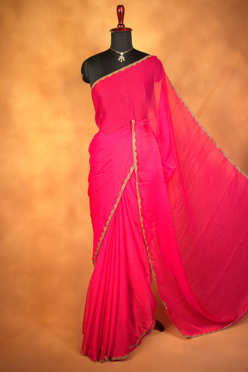 Space Silk Saree | Crimson Red Solid with Scalloped Gold Trim | Elegant Party Wear