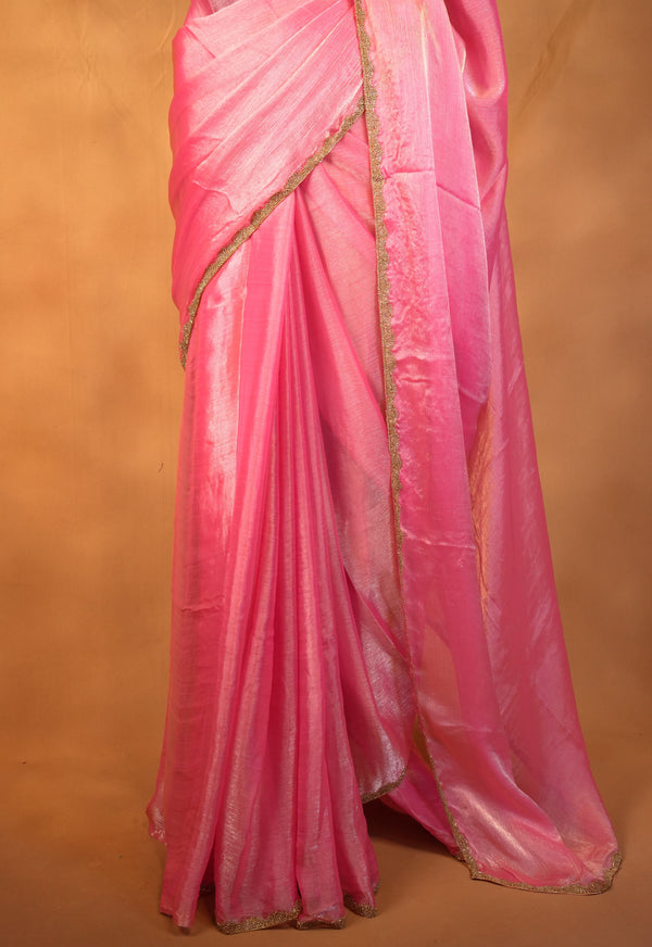 Pink Space Silk Saree | Plain Silk with Gold Beaded Lace Border | Office & Festive Wear