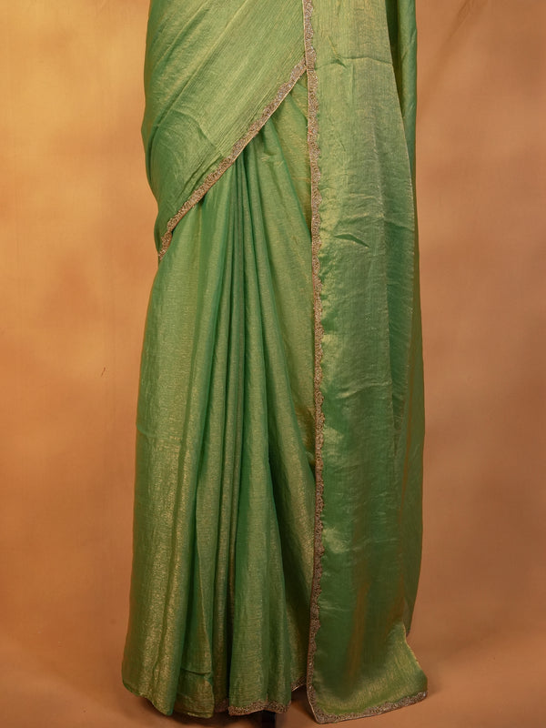 Plain Olive Green Space Silk Saree | Golden Lace Trim | Casual & Festive Wear