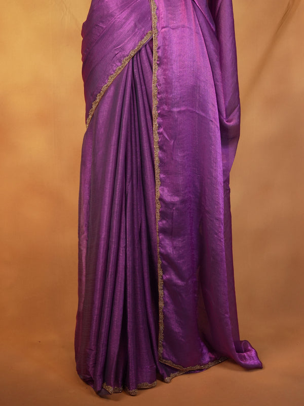 Deep Violet Space Silk Saree | Plain Silk with Gold Beaded Lace Border | Office & Festive Wea