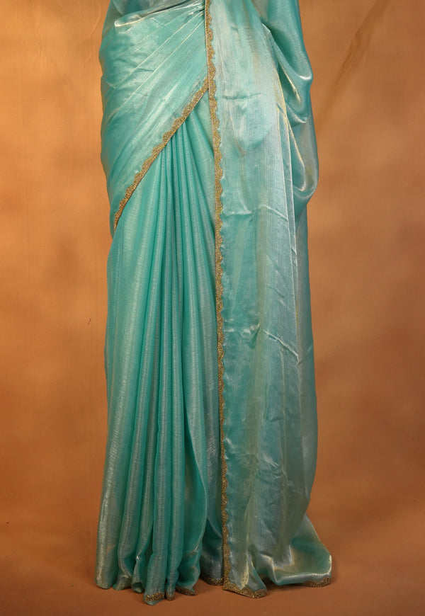 Space Silk Saree | Aqua Blue Solid with Scalloped Gold Trim | Elegant Party Wear