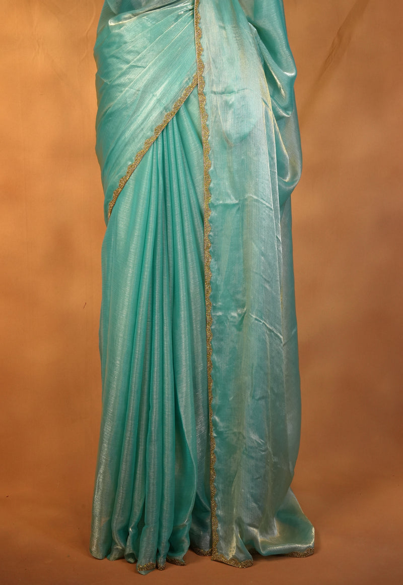 Space Silk Saree | Aqua Blue Solid with Scalloped Gold Trim | Elegant Party Wear