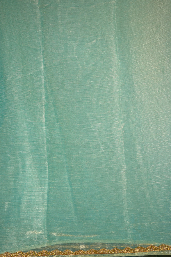 Space Silk Saree | Aqua Blue Solid with Scalloped Gold Trim | Elegant Party Wear