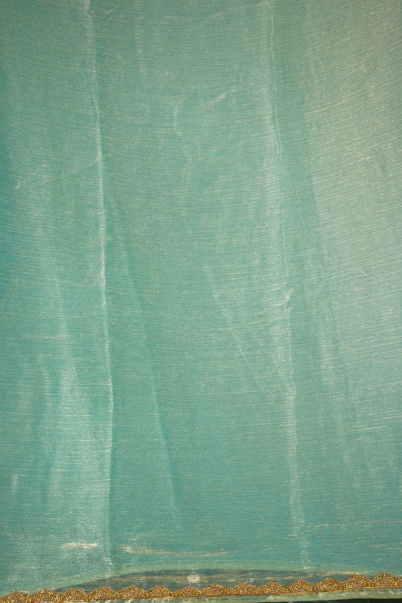 Space Silk Saree | Aqua Blue Solid with Scalloped Gold Trim | Elegant Party Wear