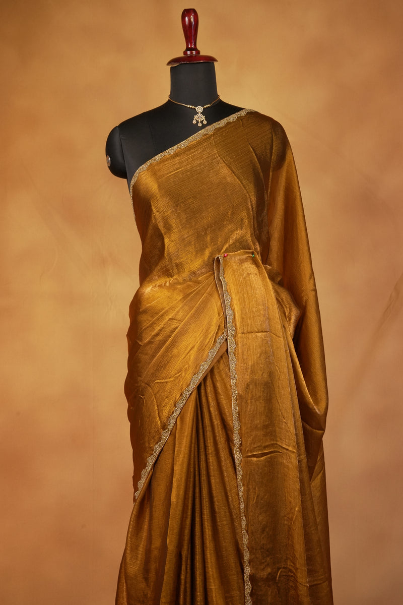Plain Golden Space Silk Saree | Gold Beaded Scalloped Trim | Festive & Wedding Guest Wear