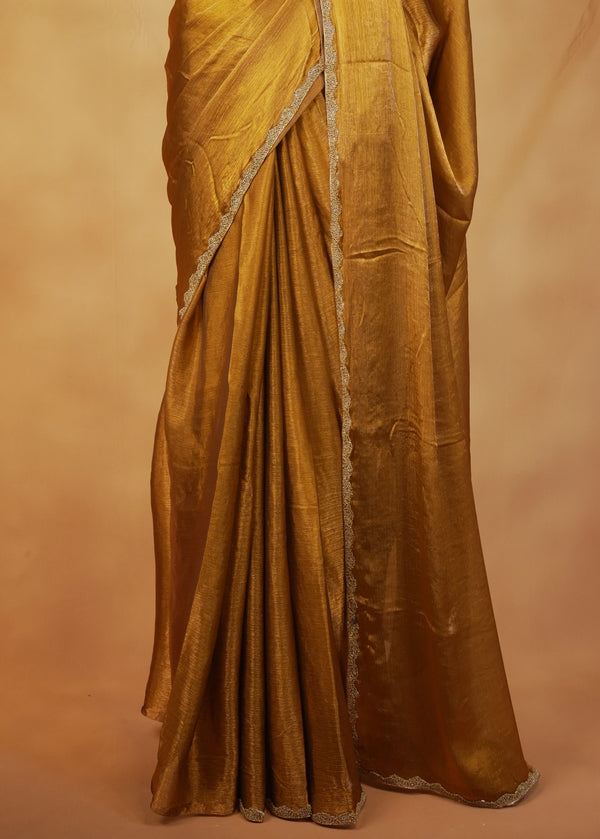 Plain Golden Space Silk Saree | Gold Beaded Scalloped Trim | Festive & Wedding Guest Wear