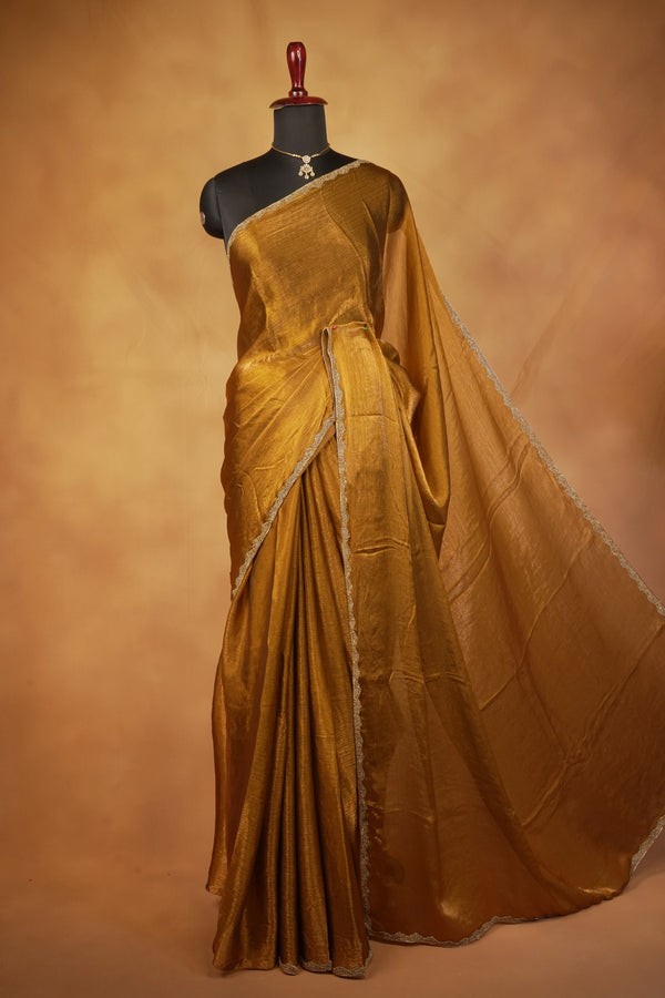 Plain Golden Space Silk Saree | Gold Beaded Scalloped Trim | Festive & Wedding Guest Wear