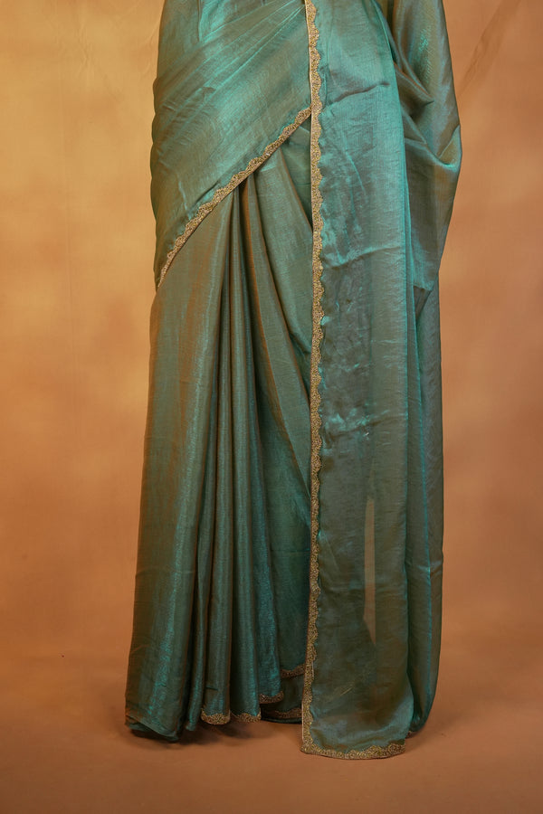 Space Silk Saree | Green with Shimmer Finish and Gold Scalloped Edge | Simple Elegant Wear