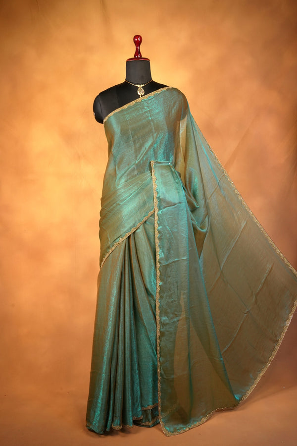 Space Silk Saree | Green with Shimmer Finish and Gold Scalloped Edge | Simple Elegant Wear