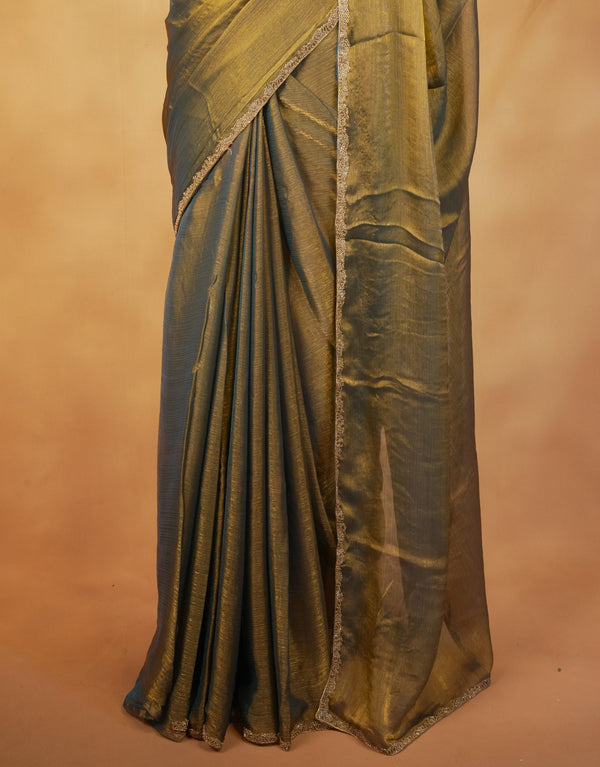 Olive Bronze Space Silk Saree | Shimmer Finish with Gold Beaded Border | Party & Festive Wear