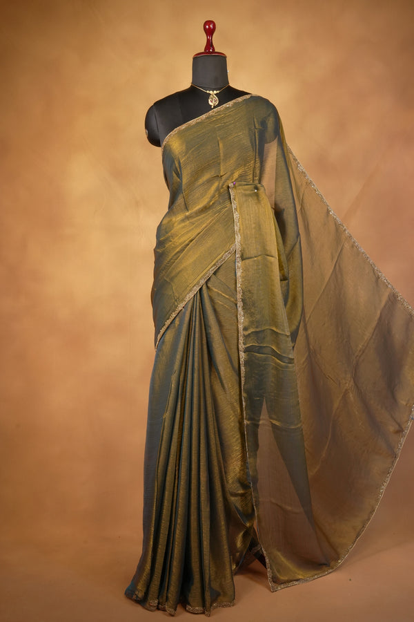 Olive Bronze Space Silk Saree | Shimmer Finish with Gold Beaded Border | Party & Festive Wear