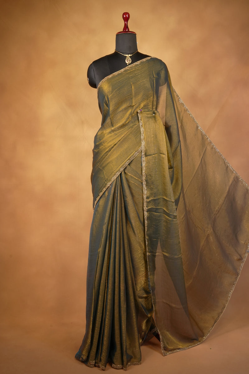 Olive Bronze Space Silk Saree | Shimmer Finish with Gold Beaded Border | Party & Festive Wear