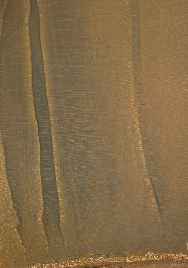 Olive Bronze Space Silk Saree | Shimmer Finish with Gold Beaded Border | Party & Festive Wear
